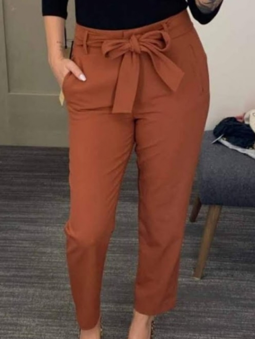 Halogen Rust Tie-Waist Cropped Tapered Pants 6